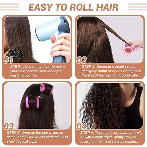 Self Grip Hair Rollers Curlers Set - 24 Pieces with 3 Sizes (4 Jumbo, 4 Large, 4 Medium) and 12 Clips for Volume on Long, Short, Thick, or Fine Hair - 24 Pieces Rose Red Set thumbnail 7