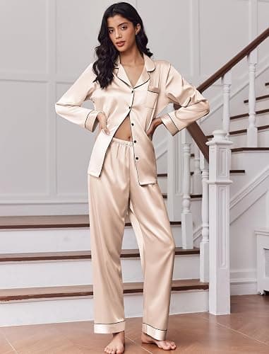 Ekouaer Women's Classic Button Down Long Satin Silk Pajama Set | Soft Satin Pajamas, Mix-Match Daily Look, Chest Pocket,Elastic Waist, Gift For Ladies thumbnail 2