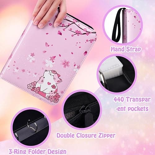 CLOKORIA Card Binder for Girls Gifts,440 Cards Collectible Trading Card Holder Case with 55 Sleeves, 4 Pocket for TCG Game Cards Collection Sports Trading Cards Collector Album (Sakura cat) thumbnail 5