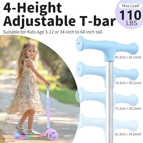BELEEV A9 Kids Scooter with LED Light-Up Wheels & Deck, 3 Wheel Folding Scooter for Toddlers Girls Boys Ages 3-12, Adjustable Handlebar, Lean to Steer, Extra-Wide Wheels, Kick Scooter for Children thumbnail 4