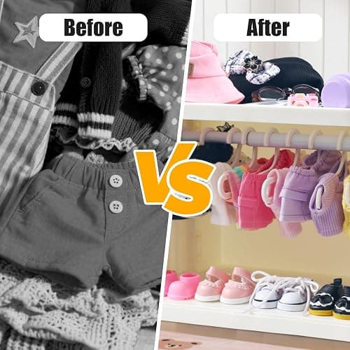 Foldable Doll Wardrobe Closet Storage Box Compatible with Labubu Clothes with 15 Hangers & Rod - Stackable Organizer Cabinet for 15/17cm Doll Clothes with Dust-Resistant Cover and Display Shelf thumbnail 5