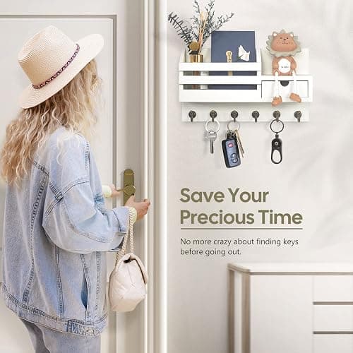 FifthQuarter Key Holder Wall Mount: Key and Mail Holder for Wall with 6 Hooks and Storage Drawer, Easy Installation Key Rack for Entryway Home Decor (A-White) thumbnail 6