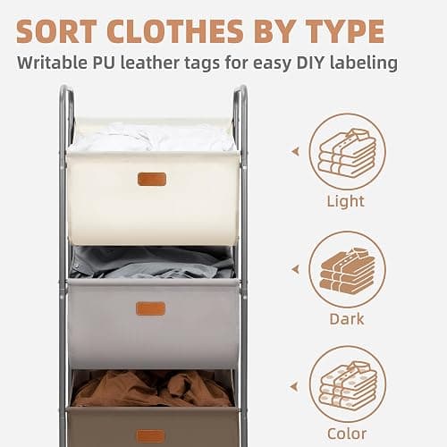 STORAGE MANIAC 120 Liters Vertical Rolling Laundry Hamper, 3 Section Laundry Sorter with Wheels and 2 Breaks, 3-tier Laundry Baskets for Small Space, Dorm, Laundry Room, Closet, Multicolored 3-tier thumbnail 5