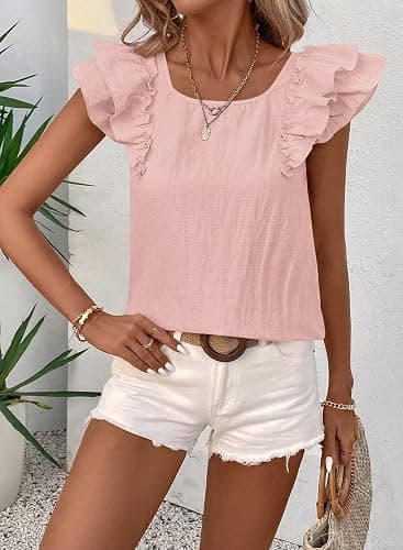 Falechay Womens Bow Tie Back Tops Round Neck Ruffle Short Sleeve Shirts Cute Babydoll Chiffon Tee Women Summer Trendy Tunic thumbnail 4
