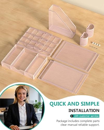 WALI Desk File Organizer, 4 Tier Desktop Paper Letter Tray Organizer with Drawer and 2 Pen Holders, Office Desk Accessories & Workspace Organizers for Office, Home Supplies(DO005DH-P), 1 Pack, Pink thumbnail 9