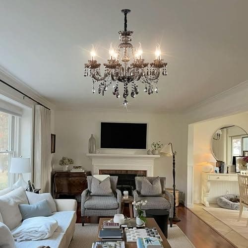 Luxurious Smoky Gray Crystal Chandelier for Living Room, Antique 6-Lights Teardrop Candle Chandelier Pendant Ceiling Lighting Fixture for Kitchen Dinner Party Closet Entryway of CRYSTOP thumbnail 4