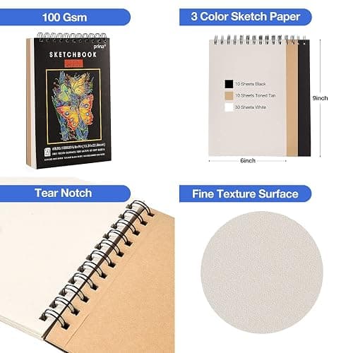 Prina 76 Pack Drawing Set Sketching Kit, Pro Art Supplies with 3-Color Sketchbook, Include Tutorial, Colored, Graphite, Charcoal, Watercolor & Metallic Pencil, for Artists Adults Teens Beginner thumbnail 6