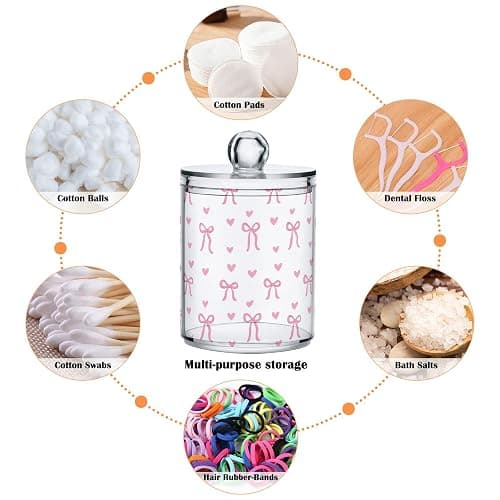 Gredecor 4 Pack Qtip Holder Clear Aesthetic Pink Ribbon Bow Apothecary Jars with Lids Acrylic Bathroom Jars Vanity Countertop Canister Storage Organizer for Cotton Ball,Swabs,Pads,Floss thumbnail 5
