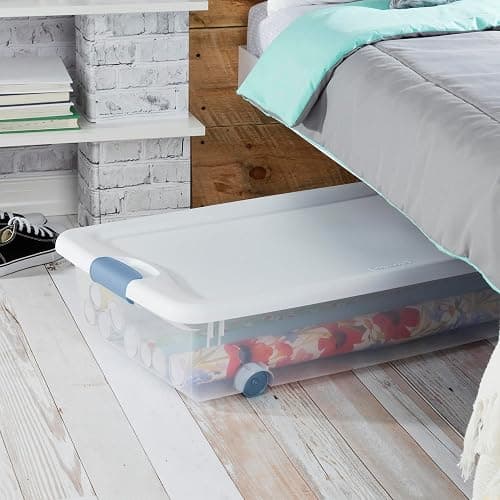 Sterilite 4-Pack 56 Quart Wheeled Latching Box, Underbed Clear Plastic Storage Organizer - Under Bed Rolling Container Bin with Lid and Wheels for Home or Dorm Bedrooms and Closets thumbnail 5