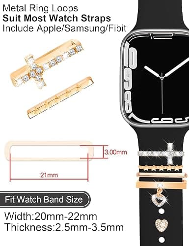 JR.DM 11-Pcs Super Bling Watch Charms with 9-Pcs Decorative Rings Loops 2-Pcs Decoration, Compatible with Apple Watch Band Metal Diamond Sliding Accessories for iWatch Series 11 10 9 8 7 6 5 4 3 2 1 thumbnail 4