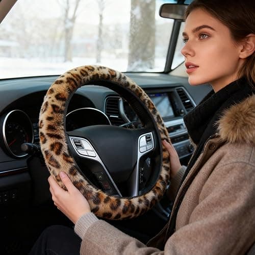 Brown Leopard Print Fuzzy Steering Wheel Cover for Women, Universal Auto Steering Wheel 14-15 Inch Soft Warm Car Interior Accessories with 2PCS Car Coasters, Suitable for Men and Women thumbnail 7