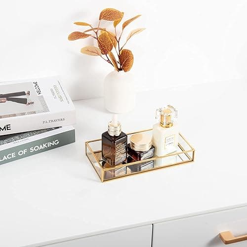 Feyarl Small Gold Clear Glass Perfume Tray Vanity Jewelry Trinket Rings Earrings Organizer Tray Collection Display Decorative Tray for Dressr Drawer Office Tabletop (7.87Inch) - 7.9" x 3.9" x 1.2" thumbnail 6