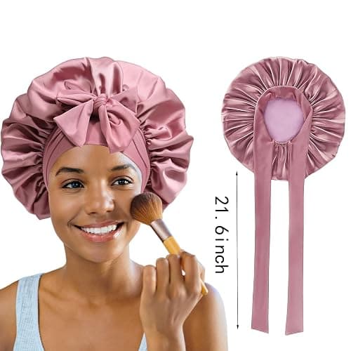 2PCS Silk Bonnet for Women, Satin Bonnet for Sleeping, Large Sleep Cap with Elastic Tie Band for Curly Hair (Bean Paste Pink+Black) thumbnail 3