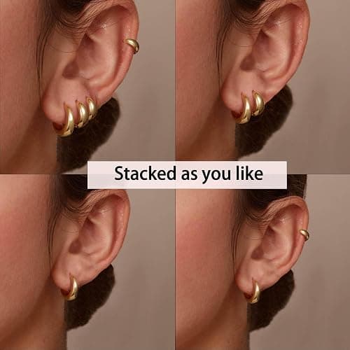 NECOCY 4 Pairs Small Huggie Hoop Earrings for Women, Chunky 14K Gold Plated Earrings Stack Hypoallergenic Lightweight Trendy Cartilage Hoops Earring Set for Multiple Piercing Dainty Minimal Jewelry thumbnail 4