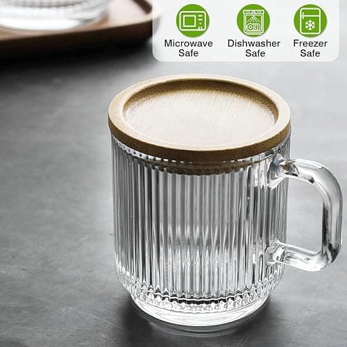 Mfacoy 2 PACK Glass Coffee Mugs with Handle & Spoon, 12 OZ Glass Coffee Cups with Bamboo Lid, Ribbed Glass Cups, Clear Tea Cup for Hot/Cold Beverages, Glassware Set for Americano, Latte, Cappuccino thumbnail 5
