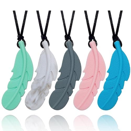 Sensory Chew Necklace for Kids, Boys and Girls, 5 Pack Silicone Feather Chewy Necklaces for Autism, ADHD, Chewing, Oral Motor Chewable Pendant for Mild Chewers - 5 Pack - Image 1