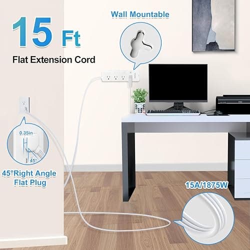 Surge Protector Power Strip 15 ft Cord - 8 Widely AC Outlets 4 USB (2 USB C), Flat Plug Extension Cord with Individual Switches, Wall Mount, Desk Charging Station for Home Office, 1400J thumbnail 4