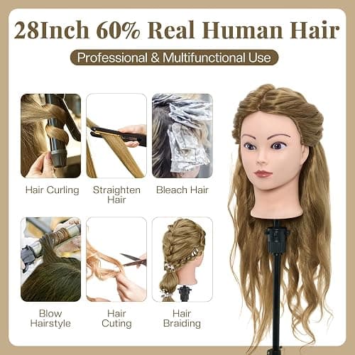 71cm hairdressing Head, 60% Real Human Hair Cosmetology Mannequin Head Manikin Doll Head with Table Clamp + DIY Hair Styling Tools Set (Gold) thumbnail 2