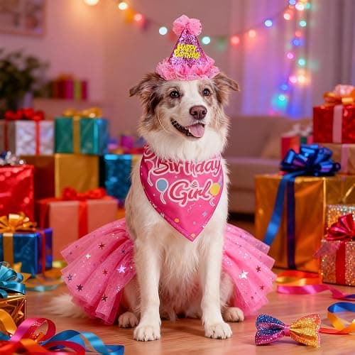 SCENEREAL Dog Birthday Bandana with Hat and Dress Girl Set, Large Dog Birthday Party Supplies, Cute Tutu Skirt Outfit for Medium Big Dogs, Rose Red XL thumbnail 3