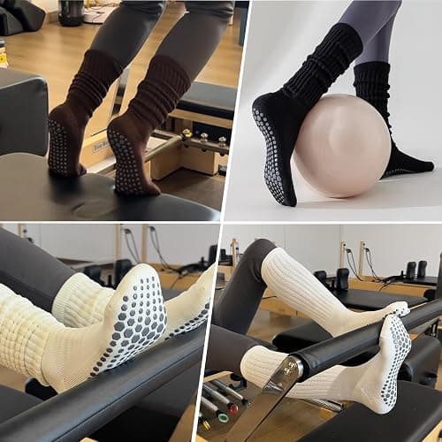 TOAMOUR Pilates Socks with Grips for Women Non Slip Yoga Socks 3 Pairs Long Scrunch Socks Barre Gym Crew Socks thumbnail 5
