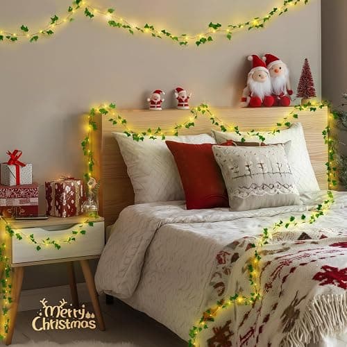 JMEXSUSS 33Ft Vines with Lights Battery Operated, 100 LED Ivy Vines with Fairy Lights Leaf with Remote, Battery Twinkle Light for Bedroom Wall Classroom Dorm Wedding Party Christmas Decor(Warm White) thumbnail 3