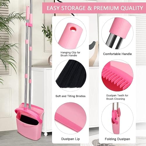 XXFLOWER Broom and Dustpan Set, Dustpans with Broom Combo for Home, Heavy Dust Broom and Dustpan Combo, Long Handle Dust Pan and Broom Set for Kitchen, Office, Pet Hair,Pink, Pack of 1 thumbnail 6