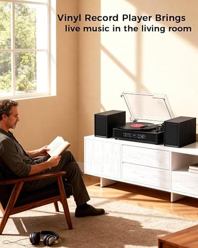 Vinyl Record Player with 4+2 External Stereo Speakers Bluetooth 3-Speed Belt Drive Turntable for Vinyl Records Two Speakers USB/SD Recording RCA Headphone Out& AUX-in, Vintage Black Wood thumbnail 6