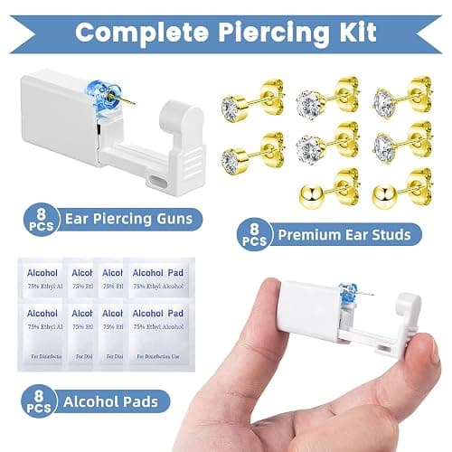 TKKUY 24 Pcs Ear Piercing Kit Disposable Ear Piercing Gun Kit 8 Pcs Self Piercing Gun with Cubic Zirconia Earrings Stud 4 Prong / 6 Prong Setting 3mm Diameter Ball Ear Stud Ear Piercer Kit Tool Gold thumbnail 2