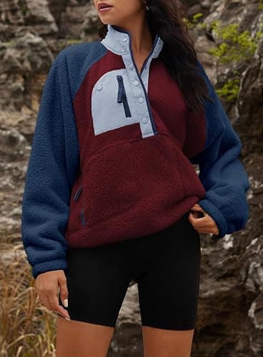 Yanekop Womens Fuzzy Fleece Pullover Sherpa Sweatshirt Long Sleeve Button Down Sweater Winter Fleece Jacket with Pockets thumbnail 6