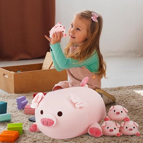Achwishap 5PCS Pig Family,Pig Stuffed Animal Mommy with 4 Pig Babies Plush,Cute Pig Plush Pillow Cushion Doll,Kawaii Pig Plush Toy Hugging Pillow for Kid Birthday Gift Adult Valentines(16” Pig Family) thumbnail 2