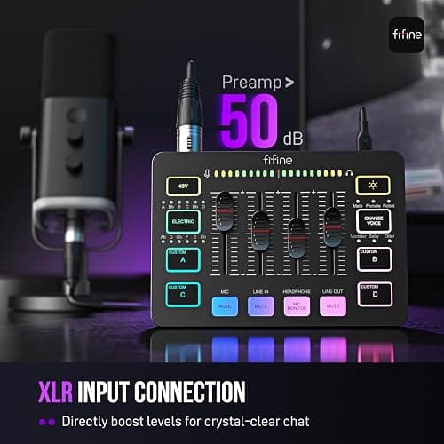 FIFINE Gaming Audio Mixer, Streaming RGB PC Mixer with XLR Microphone Interface, Individual Control, Volume Fader, Mute Button, 48V Phantom Power, for Podcast/Recording/Vocal/Game Voice-AmpliGame SC3 thumbnail 2