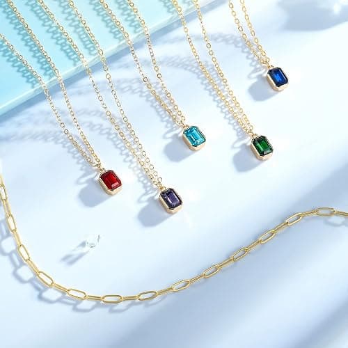 Vrsilver Layered Birthstone Necklace for Women Girls, Gold Silver Rose Gold Plated Layered Paperclip Chain Choker Necklace with Rectangle Birthstone Pendant Birthday Gifts for Women Girls Jewelry - 15"+2"/17"+2" - Gold - 06 Jun - Alexandrite thumbnail 8