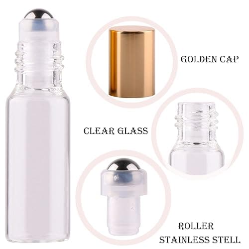 MaxMau Pack of 100,5ml Clear Glass Roll on Bottle Essential Oil Roller Bottles with Stainless Steel Roller Balls and Golden Painted Lids for Daily Aromatherapy Sample Test Travel thumbnail 3
