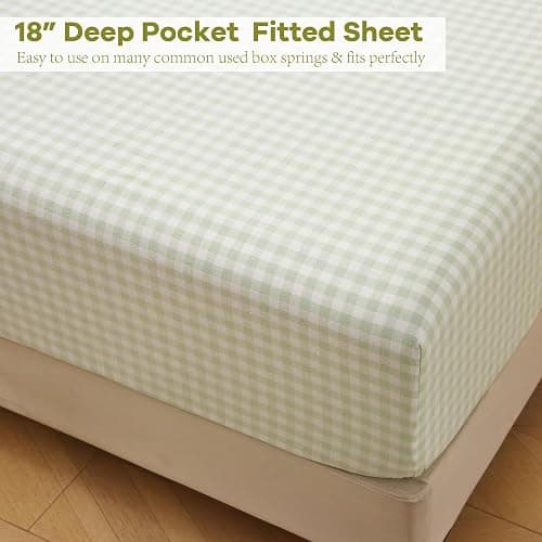 K MASANIJI Pile Green Ruffle Gingham Sheets Twin XL Size 4-Piece Set, 300TC 100% Yarn Dyed Linen Feel Cotton Sheets 18 in Deep Pocket Kids Preppy Decorative Bedding (Pile Green/White Plaid, Twin XL) thumbnail 5