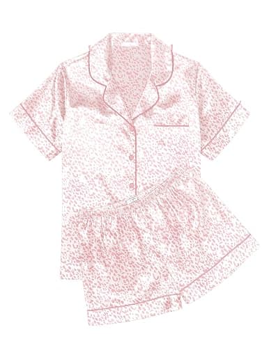 Ekouaer Womens Silk Satin Pajama Sets Soft Short Sleeve Button Down Sleepwear Top and Shorts 2 Piece Pjs Lounge Set - Image 1