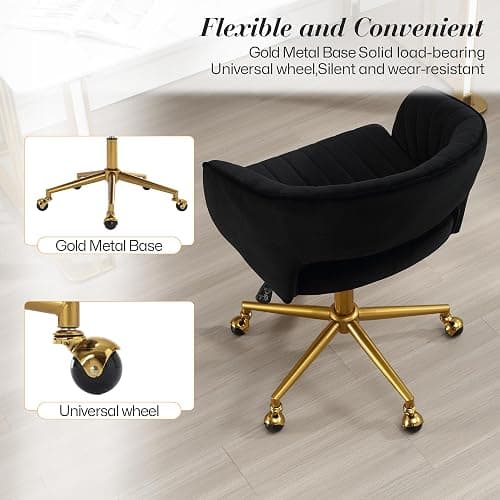 HENGJIANYI Home Office Swivel Desk Chair, Modern Velvet Vanity Chair, Height Adjustable Armchair with Gold Base, Ergonomic Office Chair for Task Study Computer Room, Black thumbnail 5
