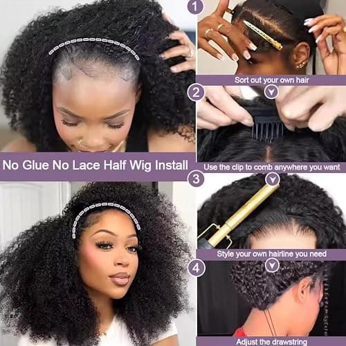 VIPbeauty Kinky Curly Half Wig Human Hair 200 Density 3 In 1 Seamless Flip Over Glueless Wear and Go Beginner Friendly Burmese Curly Half Wig Human Hair Drawstring Headband 20 Inch thumbnail 6