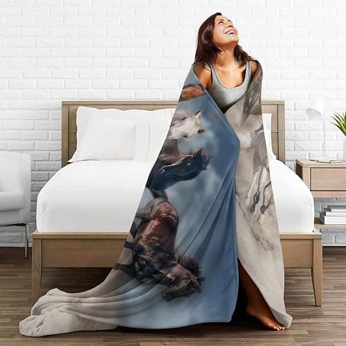 Horse Throw Blanket Gift, Soft Warm Fuzzy Plush Blanket, Smooth Cozy Flannel Blanket for Bed/Couch/Camping (60"x50", Five Horse) thumbnail 3