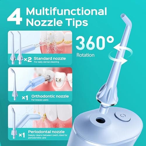 COSLUS Portable Water Flosser for Teeth: 4 Modes & 5 Intensity Levels Professional Electric Dental Pick for Sensitive Gums, Braces & Orthodontic - Cordless for Travel Use, for Adults, BPA-Free, Blue thumbnail 5