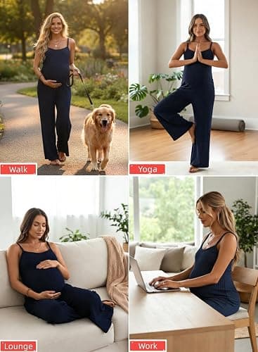 BLENCOT Maternity Ribbed Jumpsuit Stretchy One Piece Wide Leg Romper | Women's Sleeveless Square Neck Adjustable Strap High Waist Casual Lounge Sets Pregnancy Clothes Fashion 2026 thumbnail 2