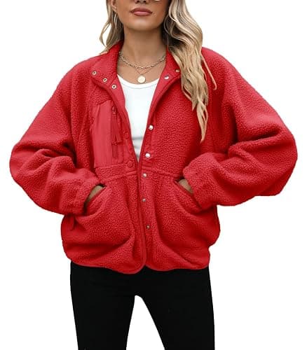 Yanekop Womens Fleece Jacket Fuzzy Long Sleeve Short Winter Coats Button Down Sherpa Jacket Outerwear with Pockets thumbnail 3