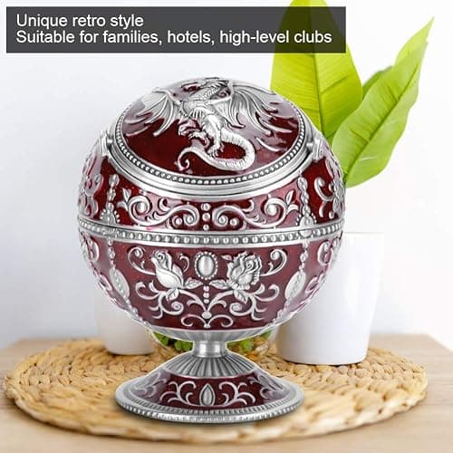 Windproof Ashtray, Vintage Ashtray with Lid, Metal Ball Cigarette Tabletop Ashtray with Wine Red Globe Fly Dragon Shape for Outdoor Indoor Home Decoration Crafts thumbnail 4