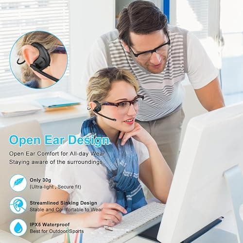 iDIGMALL Bluetooth Headset with Detachable Microphone, Multi-Point Wireless Headset w/DSP Noise Canceling Mic for Phone PC Laptop, Comfort & Light Open Ear headphones for Office Meeting Home Work, 12H thumbnail 4