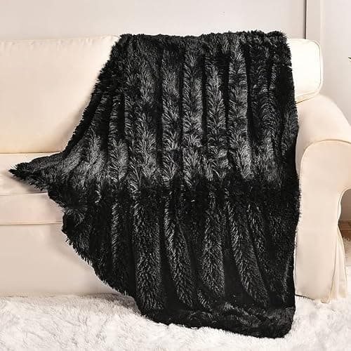 YUSOKI Black Faux Fur Throw Blanket,2 Layers,50" x 60", Soft Fuzzy Fluffy Plush Furry Comfy Warm Cozy Blanket for Couch Bed Chair Sofa Bedroom Mens Gift - Image 1