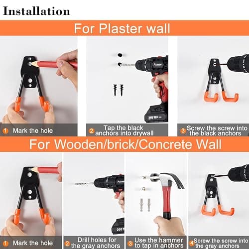 AOBEN 24PCS Garage Hooks, Heavy Duty Double Garage Hanger Organizer Wall Mount Iron Anti-Slip Garage Storage Hooks for Ladder, Power Tool,Bike,Ropes（23 Hooks & 1 hoder Strap-Orange thumbnail 5