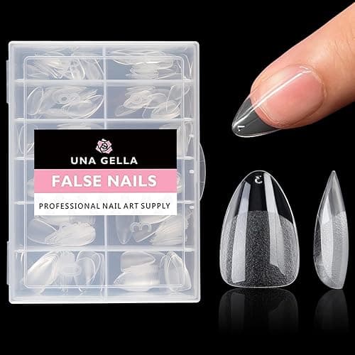 UNA GELLA Short Almond Fake Nails 216pcs Pre-shape Gel Acrylic Nail Tips for Full Cover Nail Extension Home DIY Nail Salon 12 Sizes Gelly Tips - A-ShortAlmond