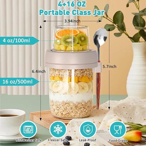 4 Pack Overnight Oats Containers with Lids and Spoons, 20 oz (16+4) Overnight Oats Jars, Glass Mason Jars with Dry and Wet Separation for Oatmeal Salad Yogurt, Dual-Layer Yogurt Containers with Lids thumbnail 3