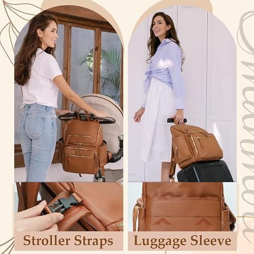 Omanmoli Diaper Bag Backpack Large Baby Diaper Bag Leather with 17 Diaper Bag Organizing Pouches,Changing Pad,Stroller Straps,4 Insulated Pockets,Brown thumbnail 6
