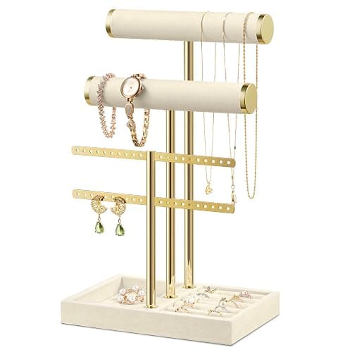 Bracelet Holder Jewelry Organizer Display - Beige Jewelry Velvet Stand, 3 Tier T Bar Storage for Bracelet, Necklaces, Earrings, Rings, Watches - Image 1