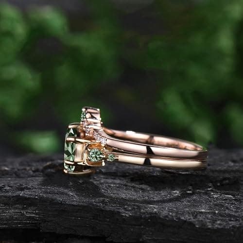 LELOUCHY 10K 14K 18K Rose Gold 2CT Gemstone Engagement Ring Set for Women 925 Sterling Silver 8mm Round Gemstone Triple Moon Goddess Art Deco Bridal Wedding Ring Set (Size 4-15) thumbnail 3